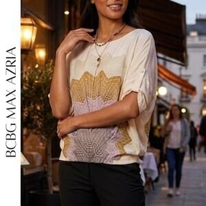 BCBG Max Azria Ivory Graphic Print Silk Top, XS